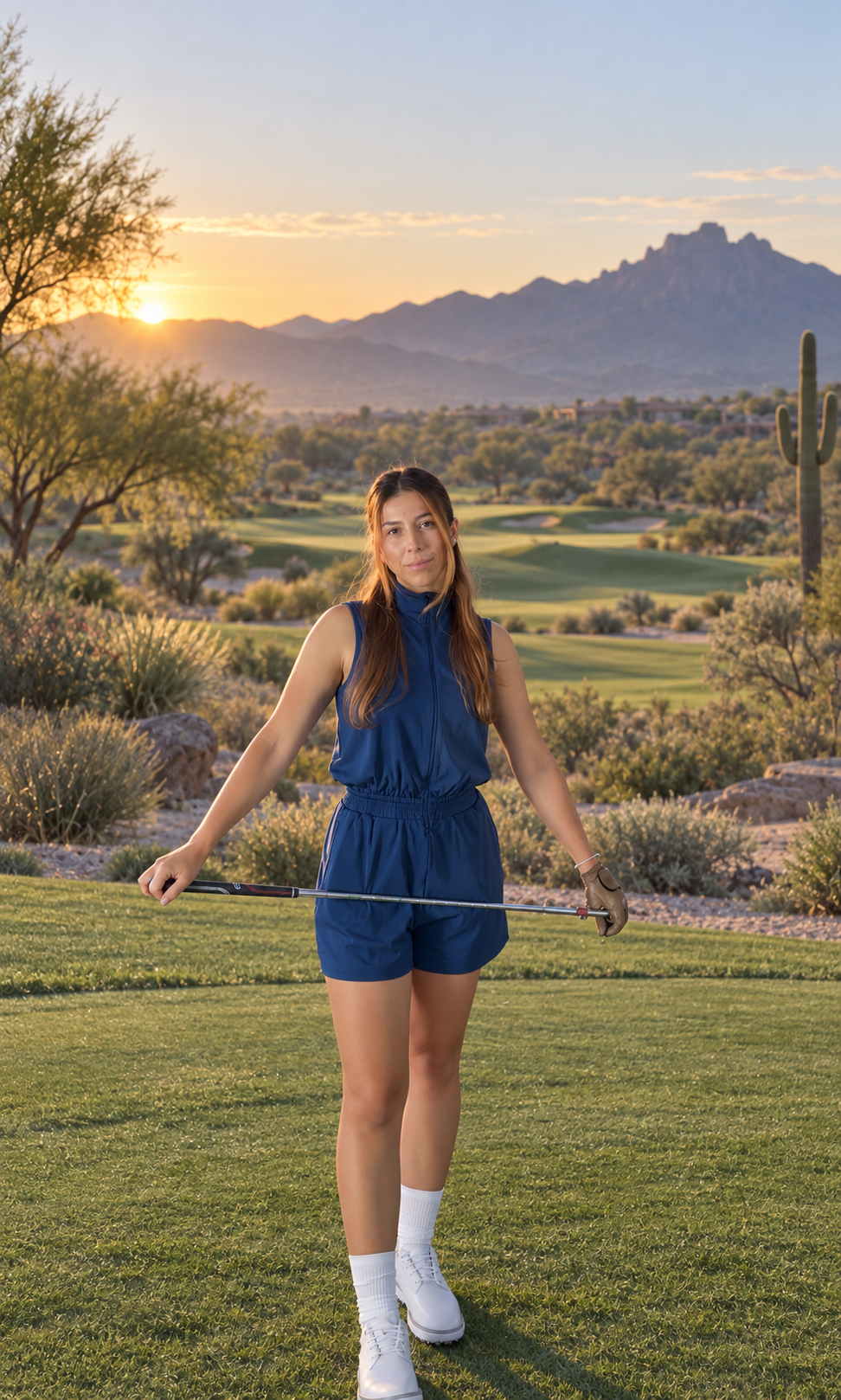 Nicole wearing the navy Jackie Jumpsuit for an early tee time